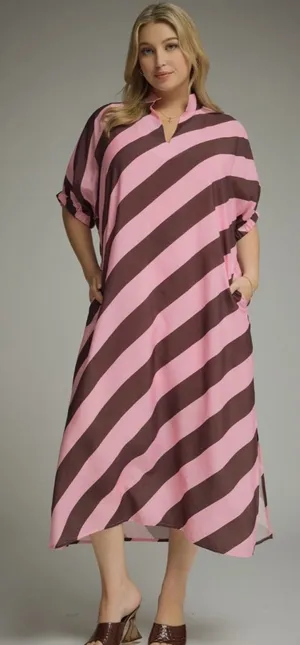 New!Entro Boutique Pink & Brown Pocket Diagonal Stripe Midi Dress Size 2X thumbnail 1