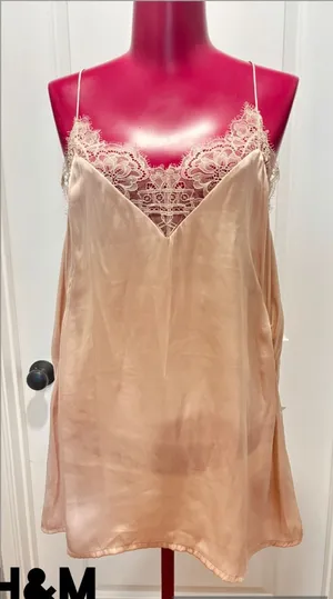 H&M Women's Lace Trim Satin Slip tunic top blush pink thumbnail 1