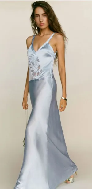 NWT Reformation Tatie Silk V Neck Maxi Bridal Dress Mineral Blue 12 thumbnail 1