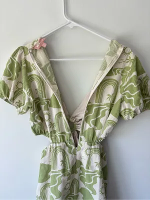 Show Me Your Mumu Jessa Mini Dress Green White Tropical Pattern Linen Blend thumbnail 9
