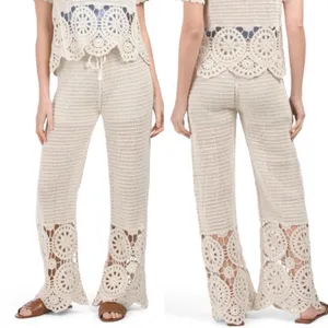 Solitaire X Anthropologie Crochet Wide Leg Pants Cream Ivory Boho Bohemian thumbnail 6
