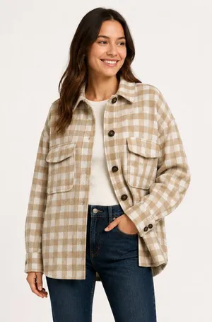 She + Sky Tan Cream Plaid Wool-Blend Shacket Size M thumbnail 1