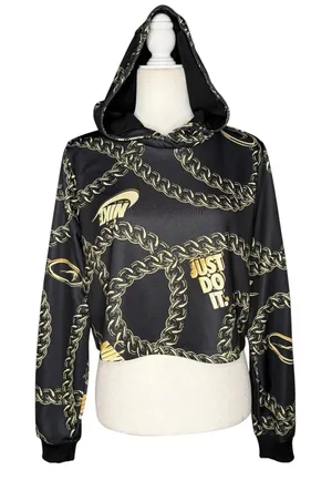 Nike Hoodie Womens Medium Black Gold Chain Print‎ Boxy Loose Fit Just Do It thumbnail 1