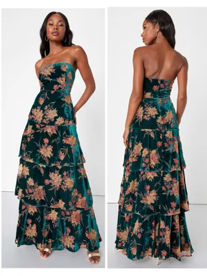 Lulus Real Allure Emerald Floral Burnout Velvet Strapless Maxi Dress Size XS thumbnail 2