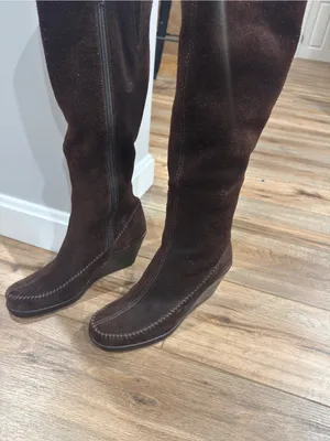 AEROSOLES Vintage 90s Dark Brown Suede Knee-high Moccasin Wedge Boots | Size 8 thumbnail 2