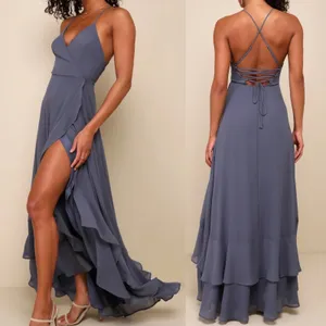 NWT Lulus Size Small‎ In Love Forever Granite Blue Lace-Up High-Low Maxi Dress thumbnail 2