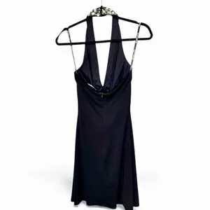 Morgan & Co Y2K Black Embellished Halter Dress with Cinched Gathered Vneck Sz XS thumbnail 3