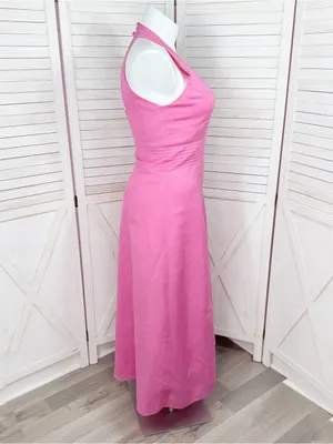 Jessica Howard Linen Blend Pleat Waist‎ Open Back Halter Maxi Dress Pink 14 thumbnail 3