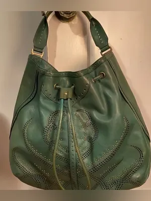 Y2K Vintage Cole Haan Teal Leather Drawstring brass studded Hobo Bag Boho fairy thumbnail 2