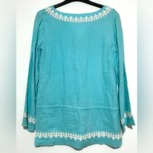 NWOT Vintage Lilly Pulitzer Blue Linen Tunic Top 3/4 Sleeves Lace Trim Small thumbnail 2