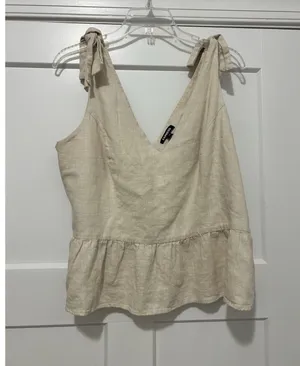 Express Beige Linen Blend Peplum crop tank top ruffle size XL Sleeveless Zip Up thumbnail 1