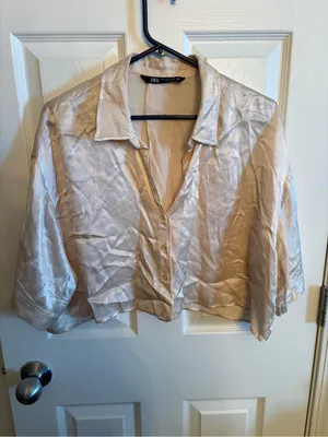 ZARA Satin Cropped Button-Down Top - Champagne, M thumbnail 2