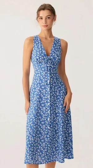 Rihoas Blue Floral V Neck Sleeveless Midi Dress thumbnail 2
