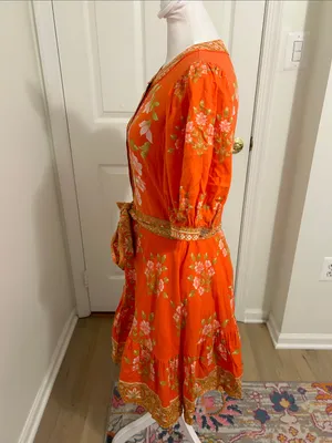 A Loves A Floral Puff-Sleeve Orange Belted Linen Mini Dress New Size Small thumbnail 10