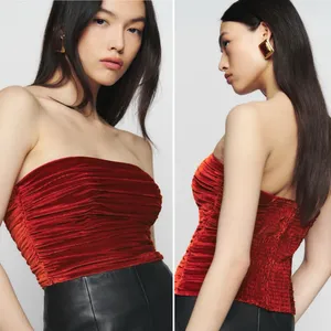 Reformation Addie Ruched Smocked Strapless Velvet Top in Blood Orange Size 4‎ thumbnail 15