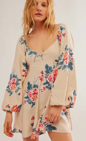 Free People Francesca Mini Dress L Cream Floral Balloon Sleeve Boho thumbnail 1