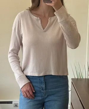 Abercrombie & Fitch Beige Ribbed Notch Neck Long Sleeve Top Medium thumbnail 1