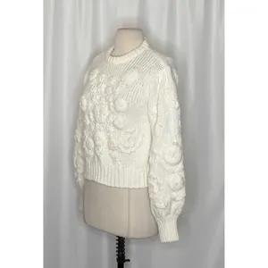 ZARA White Floral Embroidered Puff Sleeve Knit Sweater Blogger Favorite Small thumbnail 5