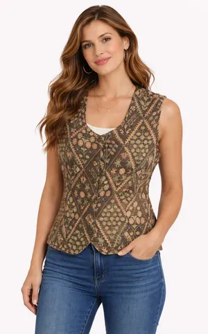 Vintage Tapestry Vest | Floral Geometric Button Front | Women’s Large thumbnail 1