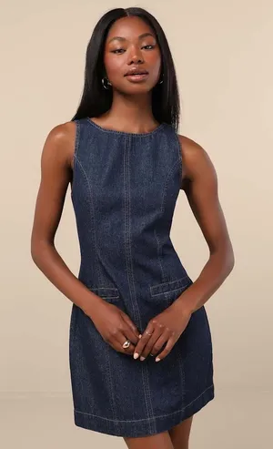 NWT Lulus Cataleya Dark Wash Denim Boat Neck Mini Dress Casual Weekend Size XS thumbnail 1