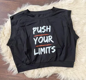 Black cotton "Push Your Limits" Graphic Muscle Tee Crop Top L thumbnail 1