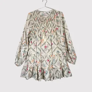 Talulah Mini Dress Beige Floral Smocked Tiered Flowy Peasant Boho Babydoll Small thumbnail 2