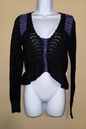 Free People Black Mixed Media Crochet Pointelle Peplum Cardigan Sweater S Indie thumbnail 1