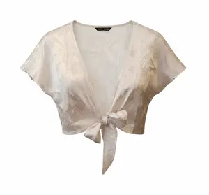 SHEIN Cream Satin Tie-Front Cropped Blouse thumbnail 1