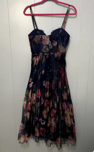 NWOT Lulus Alluring Invite Midnight Blue Floral Pleated Bustier Midi Dress S thumbnail 5