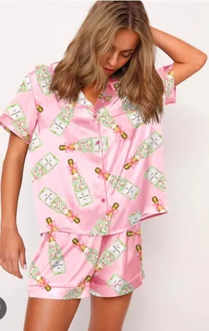 NWT SheShow Champagne Bow Pajama Set Sz L thumbnail 1