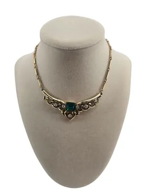 Coro Bib Necklace Women OS Art Deco Revival Gold Green Rhinestone EUC thumbnail 1
