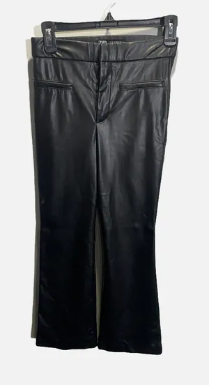 Zara Faux Leather Pants Womens XS‎ Black High Rise Flared Edgy Chic Trousers thumbnail 1