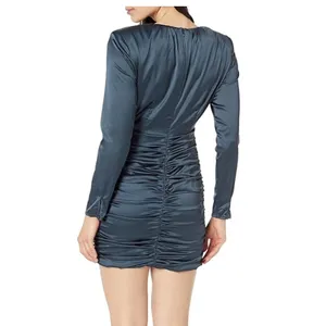 Astr Long Sleeve Satin Dress in Deep Blue thumbnail 2