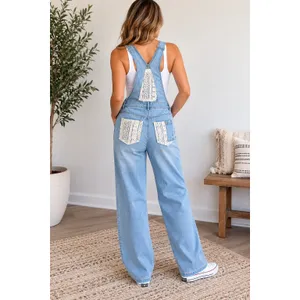 POL Light Wash Denim Overalls Size M Crochet Lace Wide Leg Boho thumbnail 4