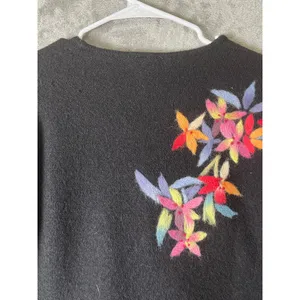 Vintage Black Floral Embroidered Wool Cardigan Jacket Cottagecore Folk Art Boho thumbnail 4