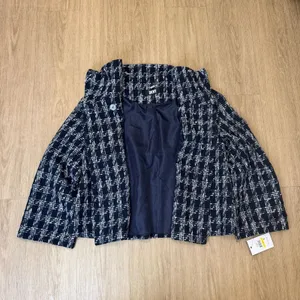 DKNY Art Basel Navy White Plaid Tweed Funnel Neck Jacket womens M thumbnail 3