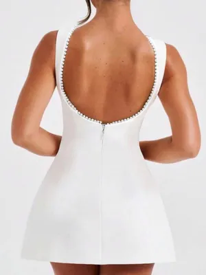 White Sleeveless A-Line Dress with Pearl Trim thumbnail 7