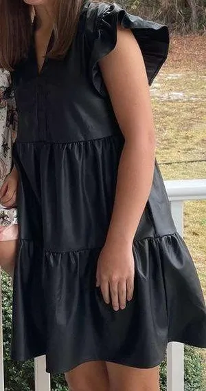 Black Leather Dress with Layers and Flutter Sleeves thumbnail 1