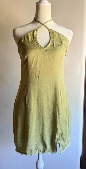 PRINCESS POLLY | Sage Green Slip style Cross neck Halter Mini Dress | Size 4 thumbnail 1