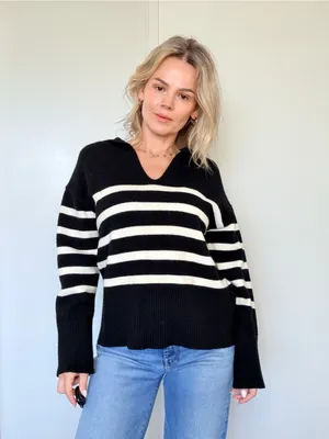 Zara Black & White Striped V-Neck Sweater thumbnail 5