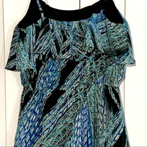 Lila Rose Dress Blue Green Black Print Sleeveless Ruffle Mini Dress Medium thumbnail 6