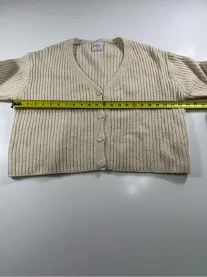 Polly Wool Blend V-Neck Cream Ribbed Button Cardigan Sweater thumbnail 4