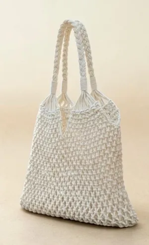 Boho Macramé Cotton Rope Market Tote Bag | Handmade Ivory Woven Beach Shopper thumbnail 1