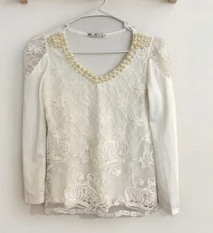 Elegant White Lined Lace & Pearl Long Sleeve Blouse - Coquette Style (Asian M) thumbnail 1