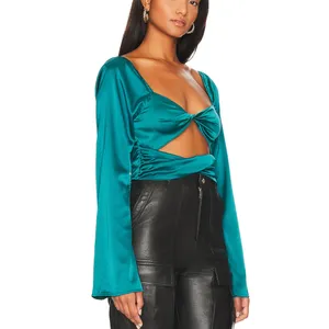Revolve Teal Satin Crop Top SMALL Going Out Club Pirate Cut Out More to Come NEW thumbnail 2