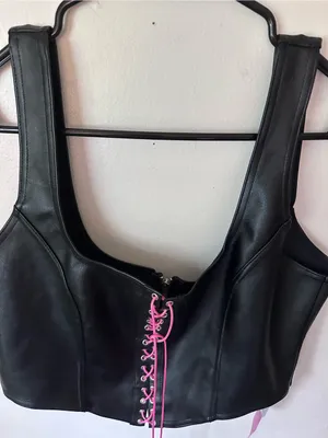 Blackmilk Black Faux Leather Corset Crop Top with Pink Lace-Up thumbnail 8
