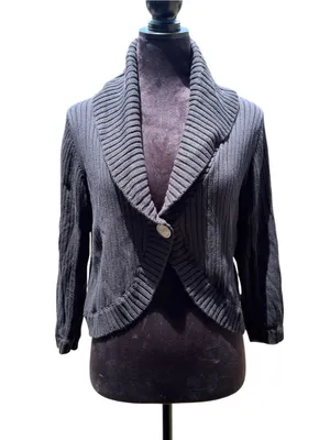 Kenneth Cole Reaction Black Cropped Ribbed Cardigan Shawl Collar‎ 1 Button Large thumbnail 2