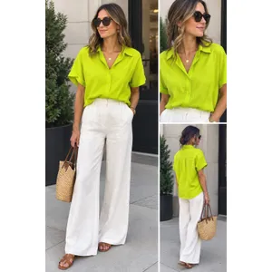 Essentiel Antwerp Button Down Shirt Women M Lime Green Satin Boxy Blouse thumbnail 2