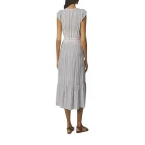 BRIGGS Linen Blend Midi Dress L Blue Striped Flutter Sleeve Belted NWT Coastal thumbnail 16