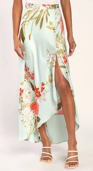 Lulu's Skirt Satin Floral Maxi‎ Superbly Stunning Light Green Blue XL NWT thumbnail 1